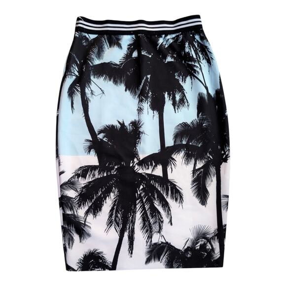 Zara Trafaluc Black and White Palm Print Elastic Waist Midi Skirt Size M - Picture 1 of 3